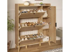 Zapatero moderno con espejo y puertas abatibles + estante - 110 x 24 x 137,5 cm - MDF - natural^Merax Best