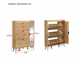 Zapatero moderno con espejo y puertas abatibles + estante - 110 x 24 x 137,5 cm - MDF - natural^Merax Best