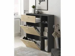 Skraut Home Zapatero|Mueble De Almacenaje|Zapatero WIND, color estructura Gris Antracita, color roble, 90x26x102cm