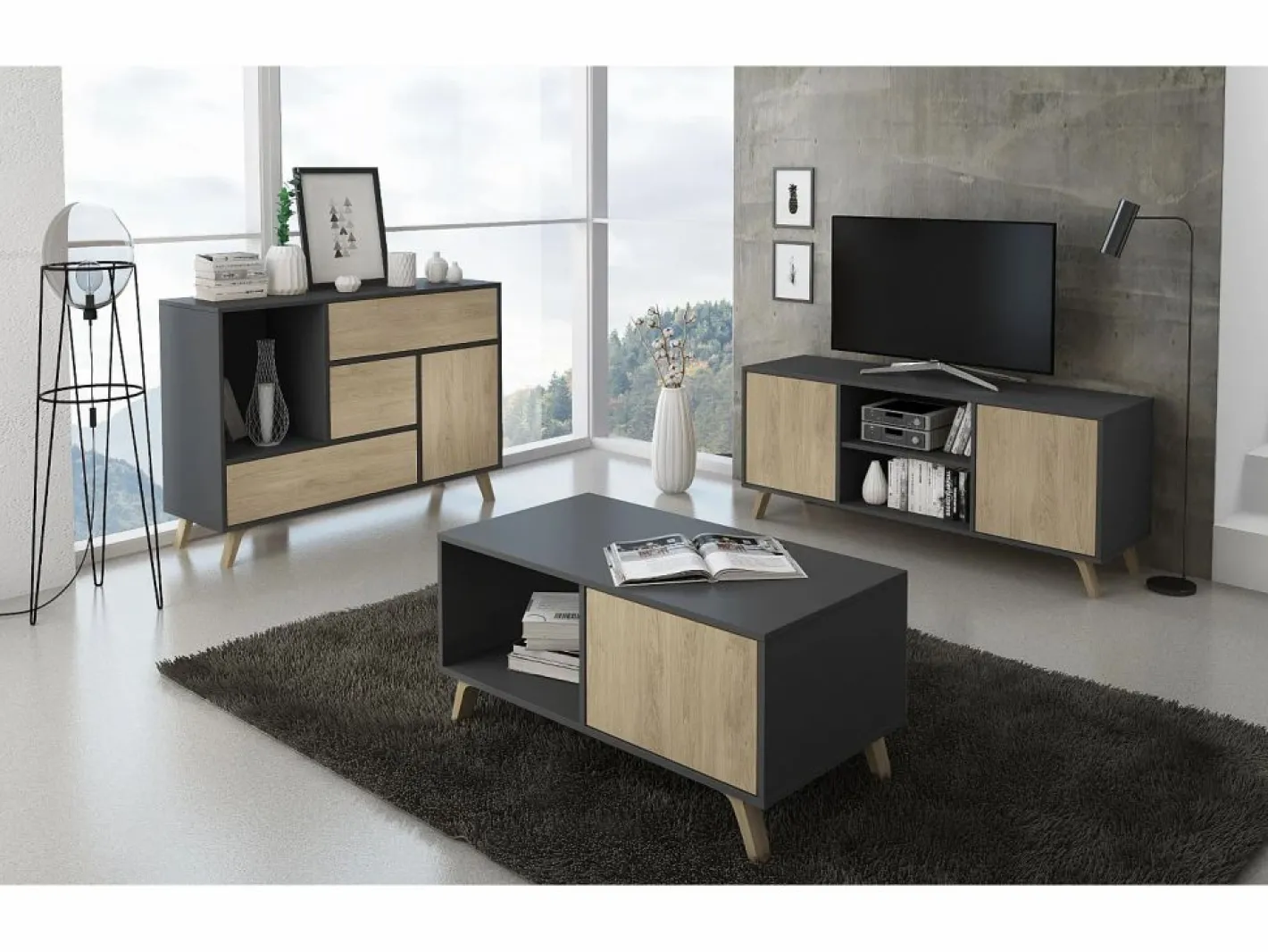 Skraut Home Zapatero|Mueble De Almacenaje|Zapatero WIND, color estructura Gris Antracita, color roble, 90x26x102cm